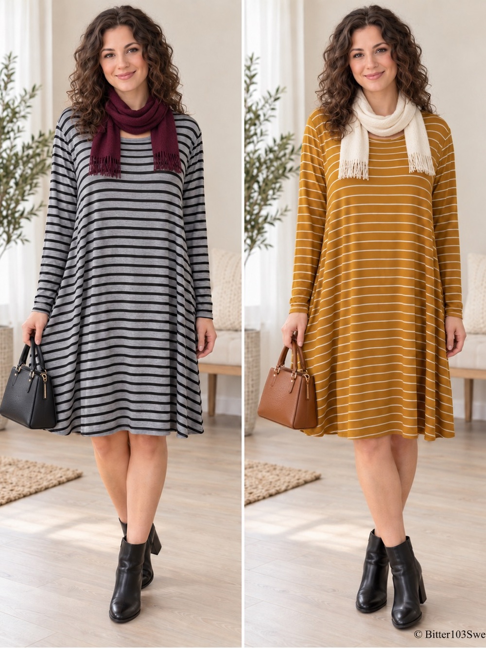 Women’s Striped Long-Sleeve Swing Dresses 2-Piece Bundle
